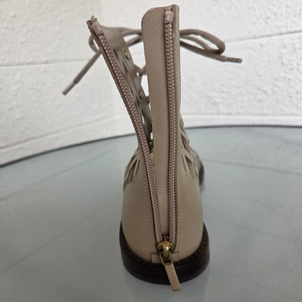 Christian Dior Beige Leather Laser Cut Gladiator Flat Sandals Lace Up Zip 37.5 - Picture 10 of 14